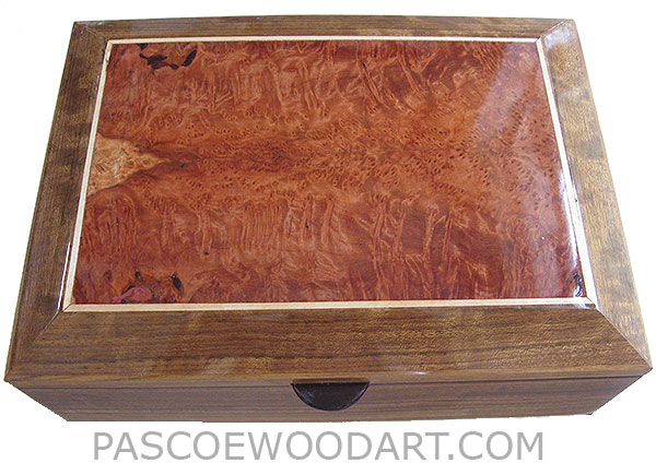 Handcrafted large wood box-Decorative large wood keepsake box made of shedua with redwood burl bevel top