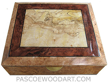 Handcrafted large wood box - Large decorative keepsake box or document box made of maple burl with blackline spalted maple burl framed in redwood burl and maple burl with ebony stringing top