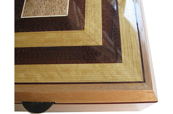 Handcrafted large wood box top close up - Ceylonsatin wood, snakewood framed in European alder