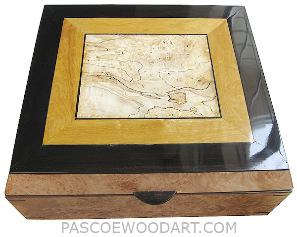 Large handmade wood box - Decorative wood keepsake box or document box made of maple burl, African blackwood, Ceylon satinwood, Blackline spalted maple burl