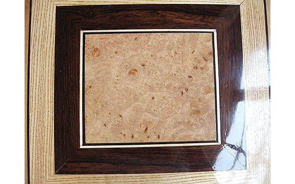 Handcrafted large wood box top - maple burl, African blackwood, ash