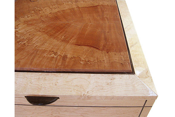 Madrone center piece framed in birds eye maple box top