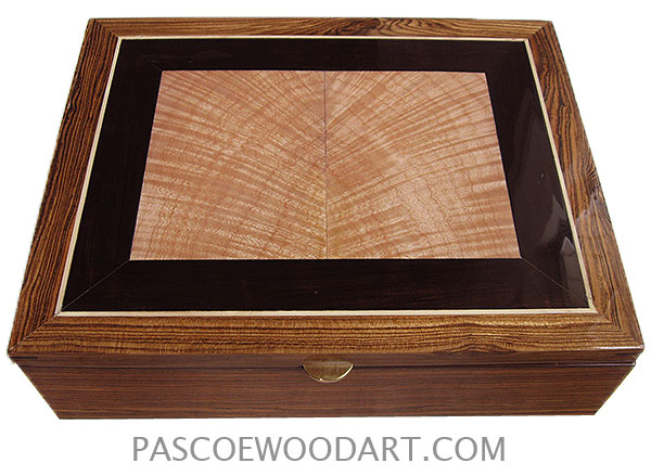 Handcrafted wood box - Decorative large wood keepsake box made of bocote with tiger maple andd African blackwood center piece top