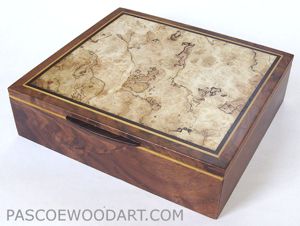 Decorative large keepsake box - Handmade wood box made of walnut veneer boxy with spalted maple burl top, Ceylon satinwood and ebony accents