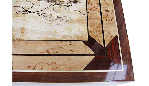 Handmade wood keepsake mosaic top close up - made of cocobolo, spalted maple, masur birch and ebony framed in solid chechen