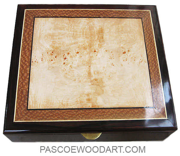 Handcrafted wood large keepsake box or document box made of cocobolo with maple burl framed in lace wood and cocobolo top