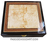 Handcrafted wood keepsake box or document box made of cocobolo with maple burl and lace wood top