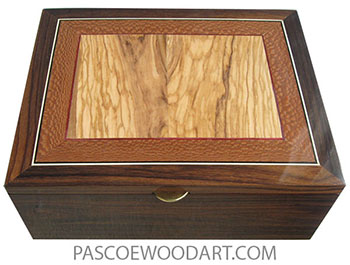 Handmade wood box-Large wood keepsake box or document box made of East Indian rosewood, Mediterranean olive and lacewood