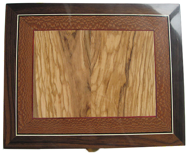 Handmade wood box top: Mediterranean olive center framed in lacewood with blood wood and holly stringing