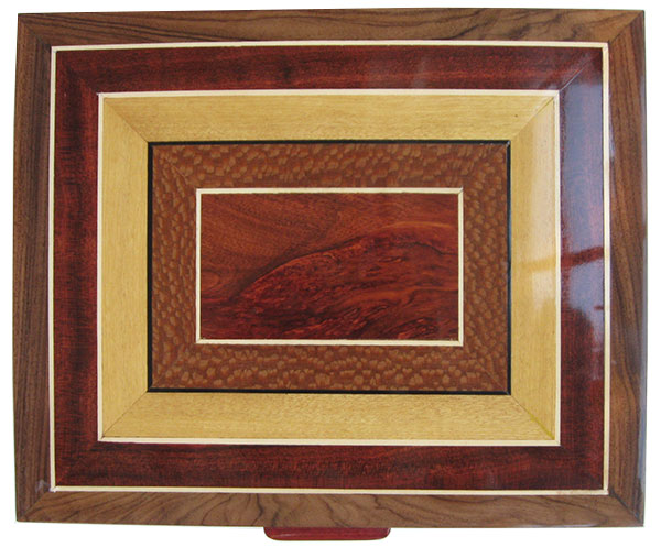 Mosaic top of bloodwood,lacewood, Ceylon satinwood framed in Santos rosewood - Handcrafted wood box, large keepsake box