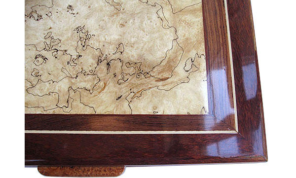 Blackline spalted maple burl center framed in bloodwood and Brazilian kingwood box top - close up - Handcrafted wood box