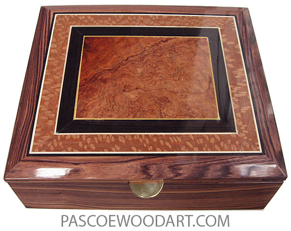 Handcrafted wood box - Large keepsake box made of Honduras rosewood with amboyna burl center framed in African blakwood and lacewood bevel top