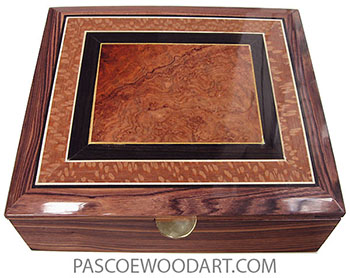 Handcrafted Wood Box - Large keepsake box made of Honduras rosewood with bevel top with amboyna burl center framed in African blackwood and lacewood