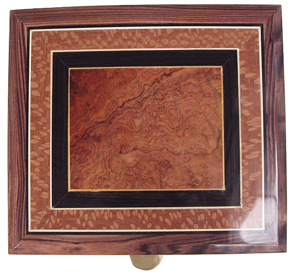 Handcrafted wood box top with amboyna burl center  framed in African black wood and lacewood
