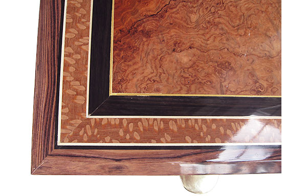 Amboyna burl center framed in African blackwood and lacewood box top close up - Handcrafted wood keepsake box 