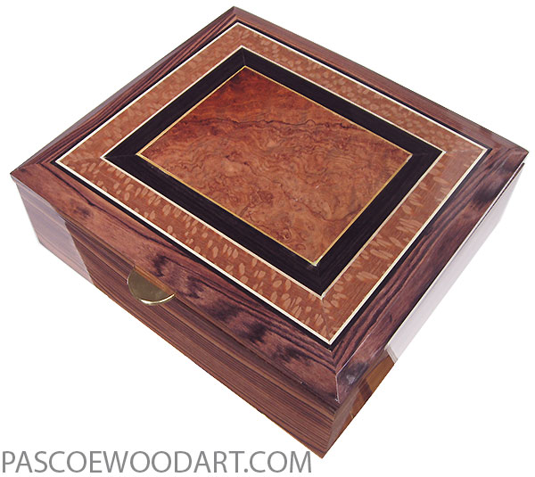 Handcrafted wood box - Large keepsake box made of Honduras rosewood with beveled top with amboyna burl center framed in African rosewood and lacewood
