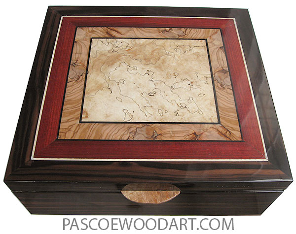 Handcrafted wood box - Large keepsake box made of macassar ebony with mosaic top of spalted maple, olive, blood wood and ebony.