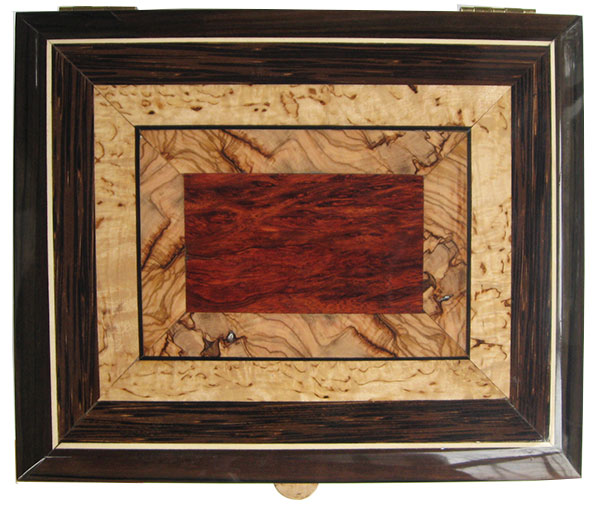 Mosaic top of bloodwood burl, Mediterranean olive and masur birch - Handcrafted wood keepsake box