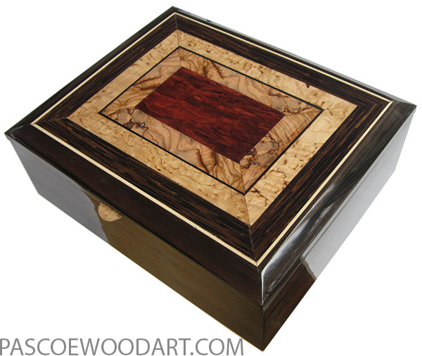 Handcrafted wood box - Keepsake box made of macassar ebony with mosaic top of bloodwood burl, Mediterranean olive, masur birch