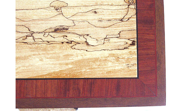 Bubinga and spalted maple mosaic box top close up view - large keepsake box