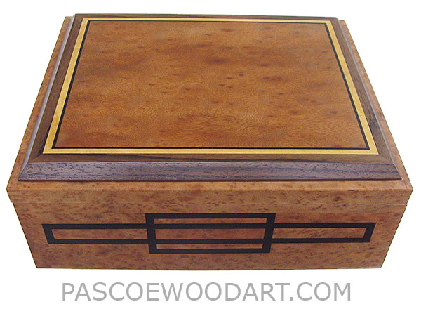 Handcrafted large wood box - Decorative wood large keepsake box or document box made of camphor burl with camphor burl framed in ebony, Ceylon satinwood and Indian rosewood top and ebony inlaid front
