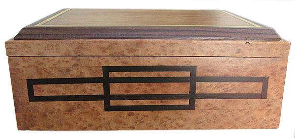Ebony inlaid box front - Handcrafted large wood keepsake box made of camphor burl