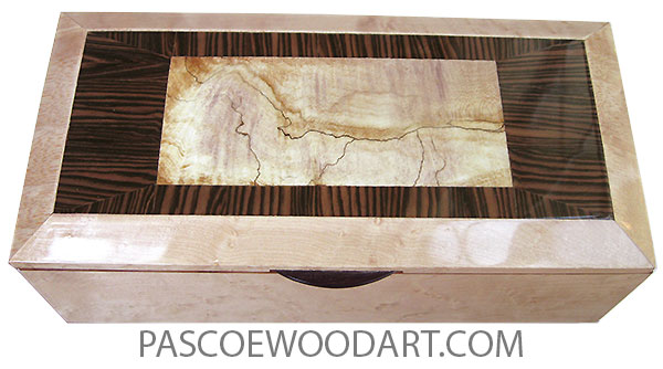 Handmade wood box - Long wood keepsake box with sliding tray made of birds eye maple with spalted maple center framed in Brazilian kingwood and birds eye maple top
