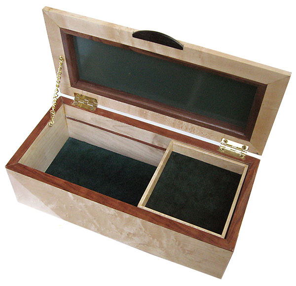 Handmade wood box with sliding tray open view
