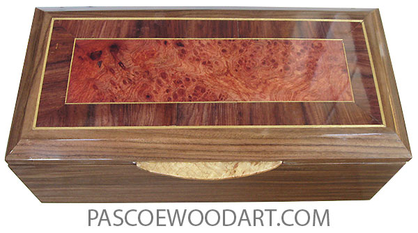 Handcrafted wood box - Decorative wood keepsake box made of Santos rosewood with amboyna burl center framed in Honduras rosewood with Ceylon satinwood stringing with maple burl handle