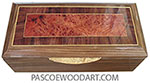 Handcrafted wood box - Decorative wood long keepsake box made of Santos rosewood with amboyna burl center framed in Honduras rosewood with Ceylon satinwood stringing top and maple burl handle