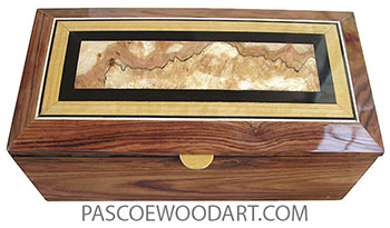 Handcrafted wood box - Long keepsake box made of Honduras rosewood with mosaic top of Ceylon satinwood, ebony and spalted maple burl