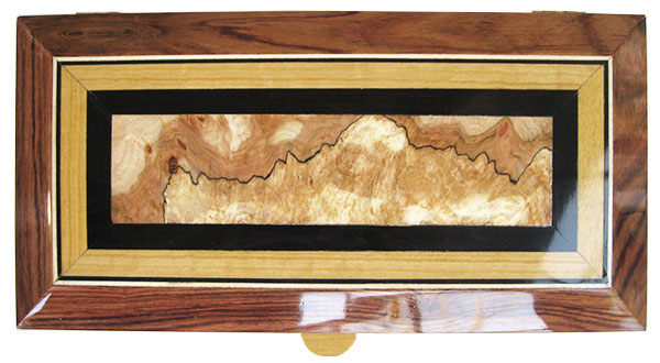 Mosaic box top of spalted maple burl center framedin ebony and Ceylon satinwood - Handcrafted wood box, keepsake box