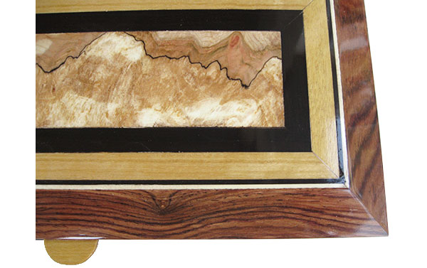 Handcrafted box mosaic top of spalted maple burl center framed in ebony and Ceylon satinwood