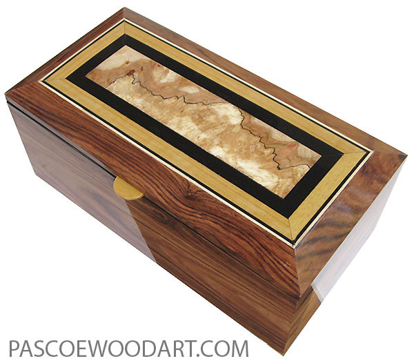 Handcrafted wood box- Medium large keepsake box with sliding tray made of Honduras rosewood with beveled mosaic top with spalted maple burl center framed in ebony andCeylon satinwood