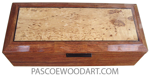 Handcrafted wood box - Long keepsake box made of  Caribbean rosewood (chechen) wih beveled top with masur birch center.