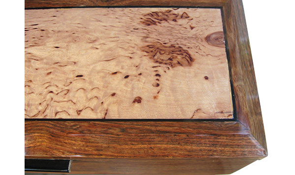 Masur birch center framed in Caribbean rosewood box top - close up - Handcrafted wood box