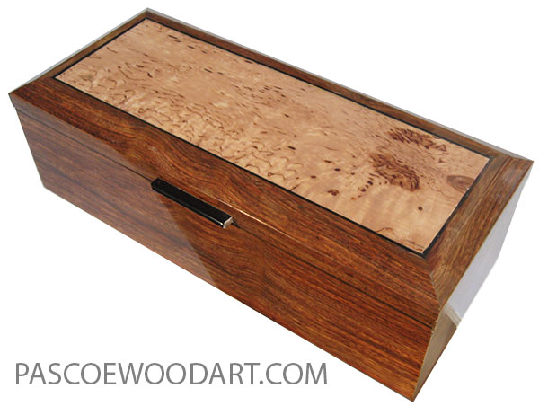 Handcrafted wood box - Long keepsake box made of Caribbean rosewood with beveled top with masur birch center.