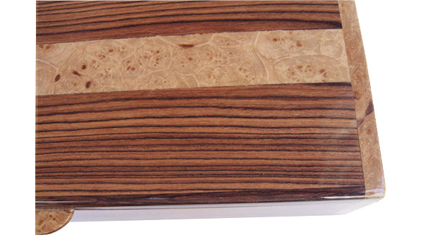 Maple burl inlayed Honduras rosewood box top close up- Handmade wood box