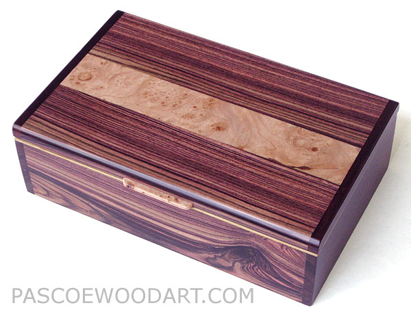 Decorative wood keepsake box, valet box, photo box - handmade wood box made of Brazilian kingwood, maple burl, bois de rose