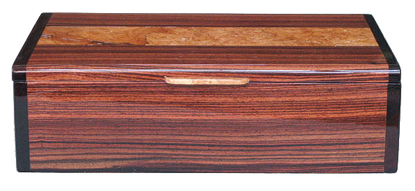 Handmade wood box - front view - Brazilian kingwood box with maple burl inlaid top