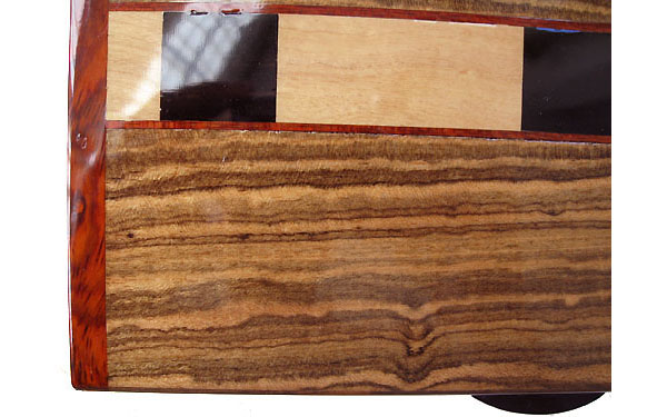 Handcrafted wood box top - close up - Bocote, Ceylon satinwood, ebony