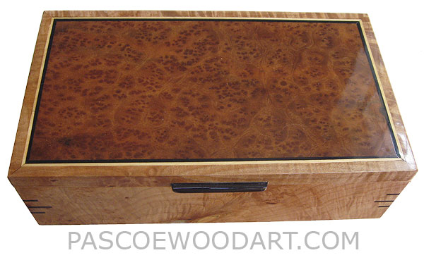 Handmade wood box - Decorative wood keepsake box made of bird's eye camphor burl, figured solid maple, ebony, satinwood