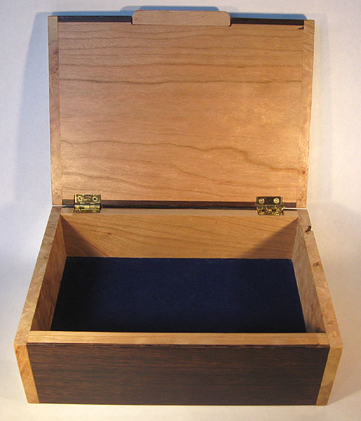 Handmade keepsake box open view - Decorative wood box made of wenge, maple burl