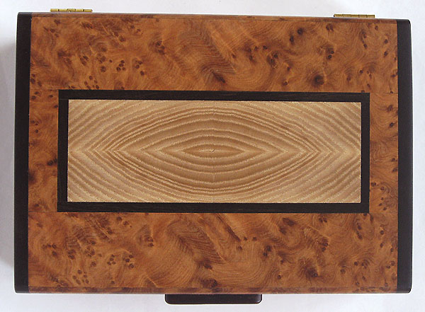 Amboyna burl box top inlaid with end grain elm and trimmed in ebony