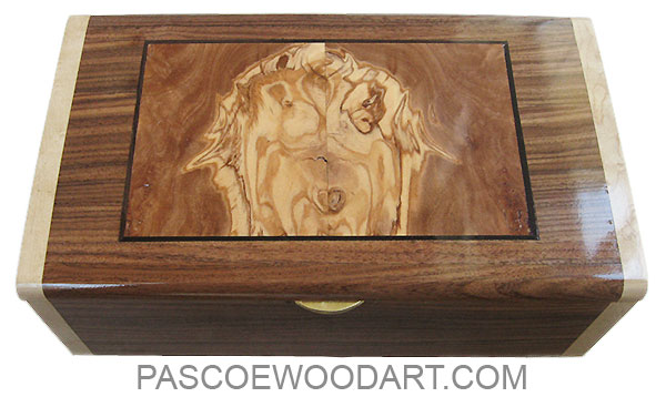 Handcrafted wood box - Decorative wood keepsake box made of Santos rosewood with Mediterranean olive center inlaid top and birds eye maple ends