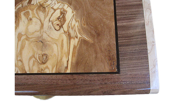 Handmade wood box top close up - Olive center framed in Santos rosewood