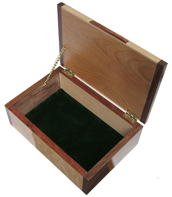 Handmade wood keepsake 
box open view 