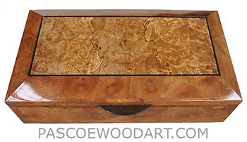 Handcrafted wood box - Decorative wood keepsake box made of camphor burl with maple burl center framed in camphor burl and ebony striping