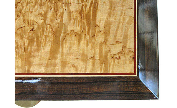 Masur birch framed in ziricote with bloodwood, Ceylon satinwood striping handmade box top closeup