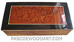 Handcrafted wood box - Decorative wood keepsake box made of maple burl with redwood burl center framed in Afriacn rosewood top